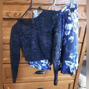 Black Lace Top and Blue Floral Skirt Set